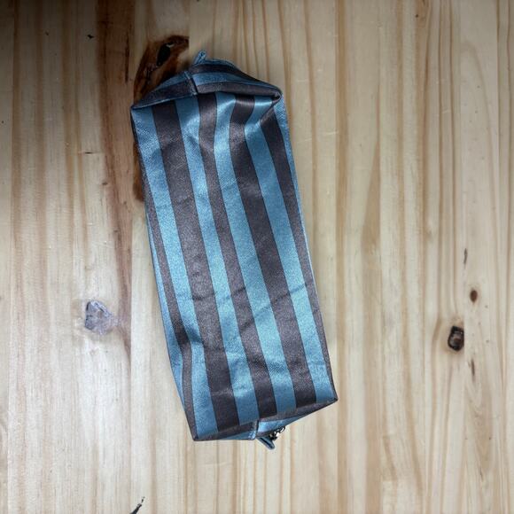 Jewell by Thirty One Uptown Mini Pouch Makeup Blue Black Stripe Zipper Shiny - Picture 2 of 10